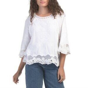 Democracy Ivory Blouse Top Lace Embroidered Bell Sleeve Boho Peasant Size L